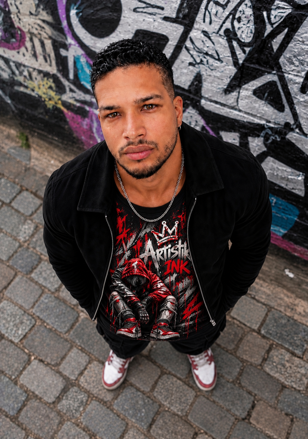 Antho, créateur d’Artistik Ink, portant le visuel graffiti sur son tee-shirt noir sous une chemise ouverte à manches longues