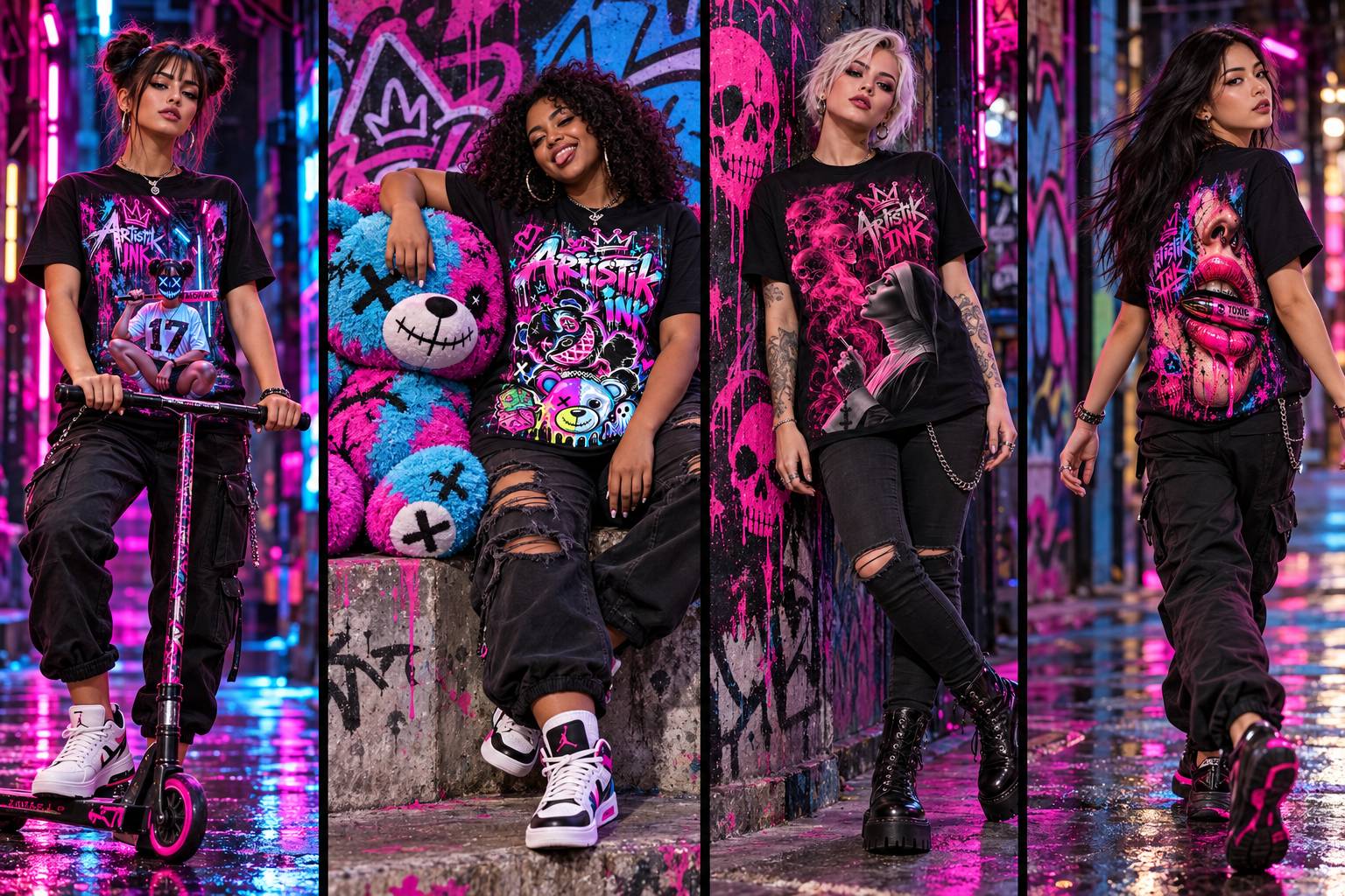 Quatre mannequins femmes portant Neon 17, Candy Chaos, Pink Smoke et Toxic Kiss : trottinette, peluche géante, pose au mur et marche en ville
