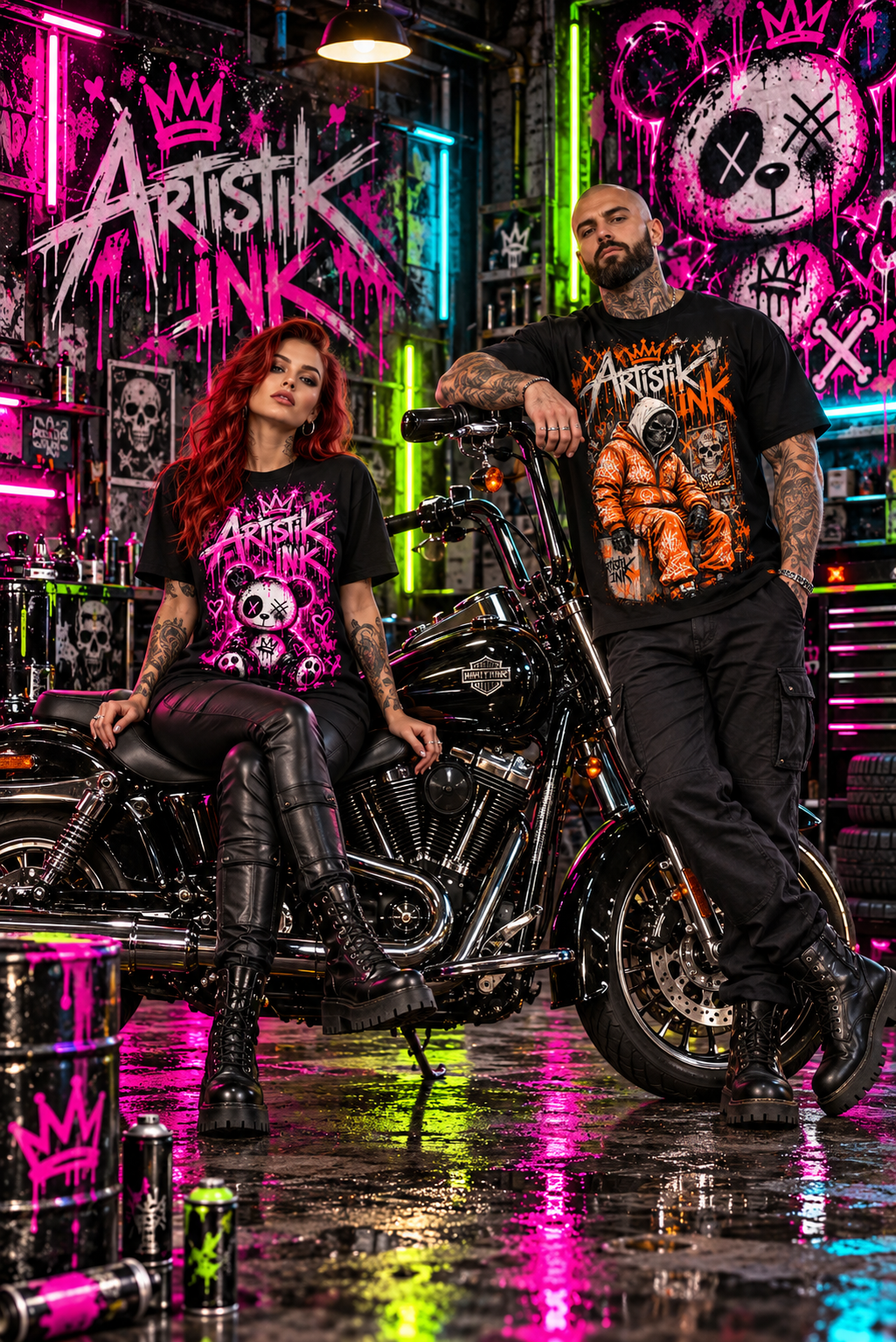 Mannequins virtuels Artistik Ink avec une grosse Harley noire et chrome dans un garage néon