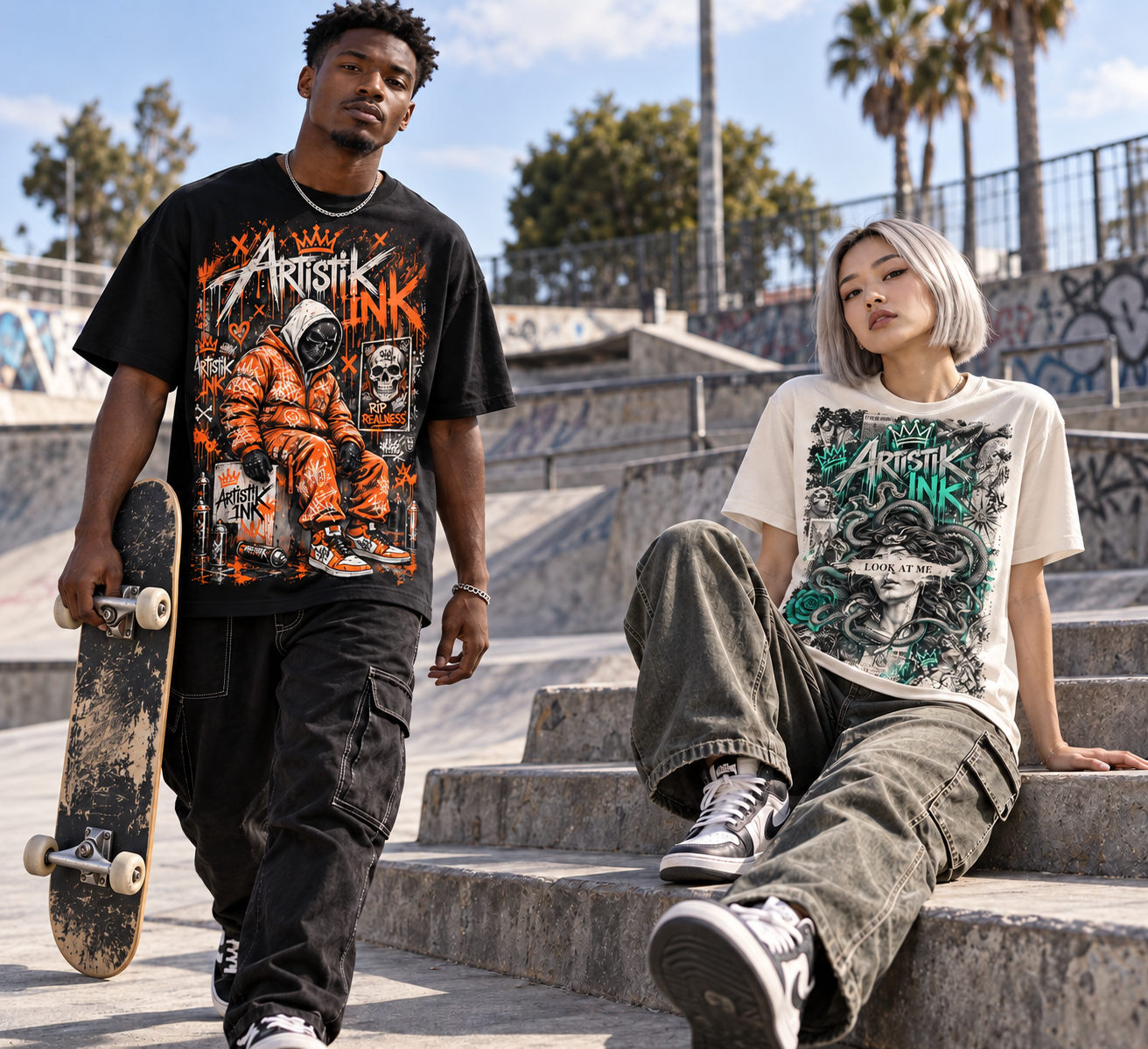 Homme avec skateboard et femme assise sur des marches